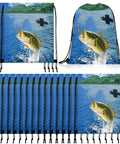 20 Pcs Fishing Party Favors Drawstring Backpacks 17 by 13.4 Inches Fish Theme Gift Bags showing fish jumping in lake scene