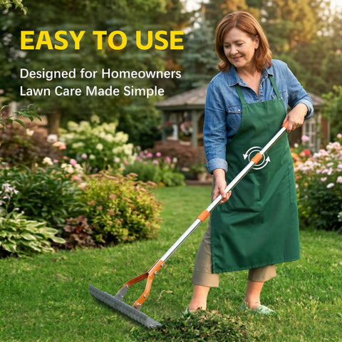 Person using 74 Inch Heavy Duty Metal Dethatcher Rake With Hardened Steel Tines For Quick Lawn Thatch And Dead Grass Removal No Fuss Detachable Handle Easy Yard And Landscape Cleanup For A Neat Healthy Lawn