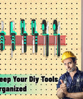 Red Wall Mount Screwdriver And Pliers Organizer Rack With 23 Holes on pegboard, holding screwdrivers and pliers.