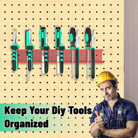 Red Wall Mount Screwdriver And Pliers Organizer Rack With 23 Holes on pegboard, holding screwdrivers and pliers.