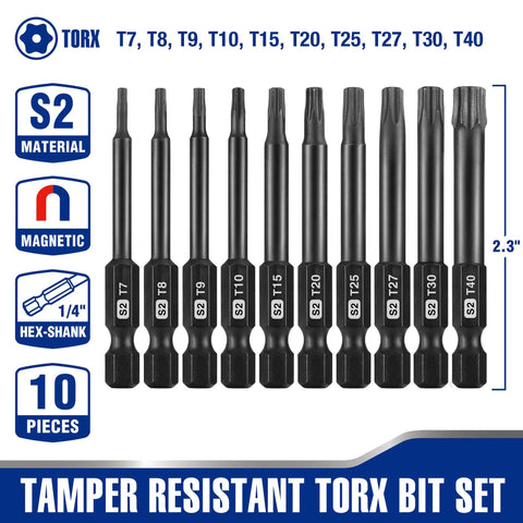 10 Piece Security Torx Bit Set In S2 Steel With CNC Machined Tips Two Point Three Inch Long Magnetic Torx Bits Built For Tough Jobs