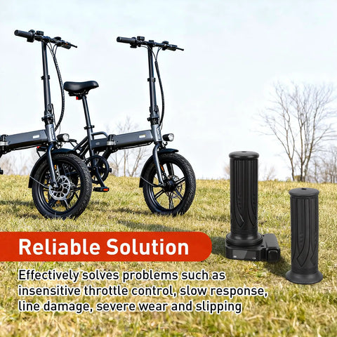 48V Electric Bike Throttle Grip With LCD Voltage Display And Cruise Control next to folding e-bikes in a field