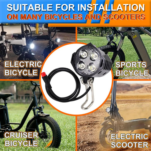 Electric Bike Front Light 200 Lumen Headlight With 2 Pin Waterproof Connector, 12V To 60V on bicycles and scooters