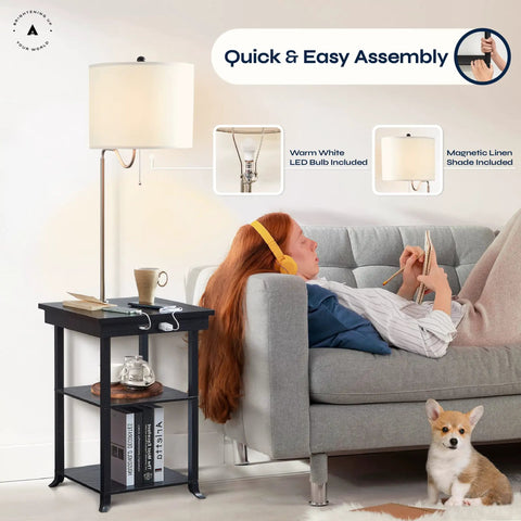 59.5 Inch Floor Lamp End Table With Dope USB And USB C Charging Station And Power Outlet Bedside Nightstand Lamp Ava White beside sofa