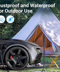 Road Ready Type One J1772 V2L Adapter For Hyundai Kia Genesis EVs With Sixteen Foot Cord plugged into a car near a tent.