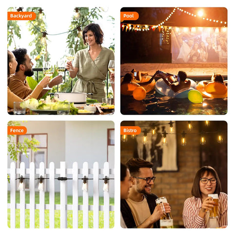 Outdoor String Lights For Patio And Backyard Waterproof IP65 Commercial Grade Vintage Edison Bulbs Shatterproof 72 Plus 3 ST38 For Porch Bistro Cafe Backyard Decor 150 Feet Two 75 Foot Runs Party Ready Vibe in various settings.