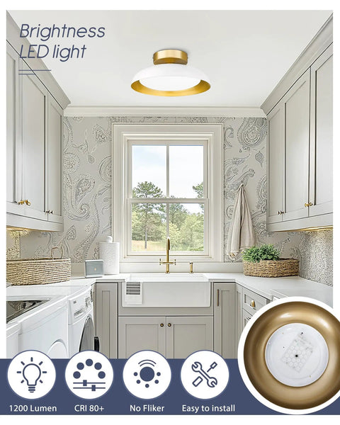 12 Inch LED Flush Mount Ceiling Light Fixture In White And Gold, 12W 1200lm, Energy Saving With 3CCT Adjustable Warm Neutral Cool installed in a kitchen.