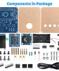 DIY Color Recognition Soldering Project Kit With TCS34725 Sensor Lets You Build A Real Time Color Detector That Displays RGB Values Brightness Hue And Saturation On A 1.69 Inch Screen. Components laid out with PCBs, display, sensor, battery holder, and wiring.