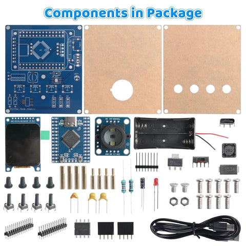 DIY Color Recognition Soldering Project Kit With TCS34725 Sensor Lets You Build A Real Time Color Detector That Displays RGB Values Brightness Hue And Saturation On A 1.69 Inch Screen. Components laid out with PCBs, display, sensor, battery holder, and wiring.