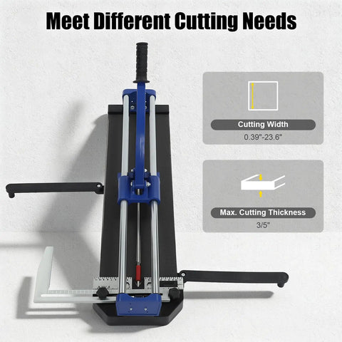 Heavy-Duty Manual Tile Cutter 31 Inch For Ceramic And Porcelain Tiles With Tungsten Blade and rail guides showing cutting width and thickness options.