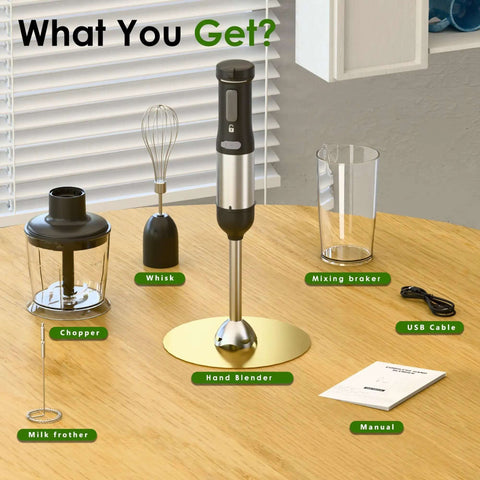 5-In-1 Cordless Immersion Blender With Rechargeable Battery Slick Handheld Mixing Wand For Soups And Smoothies Zero Cords Attached Wireless Tool For Fast Prep At Home Or On The Go Durable Compact Go Ready Pick set includes hand blender, whisk, chopper, milk frother, and USB cable.