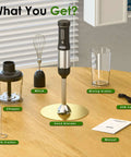 Totally Rad Wireless Hand Blender Rechargeable With Sharp Stainless Blades And Five Swappable Tips, accessories on wooden table.