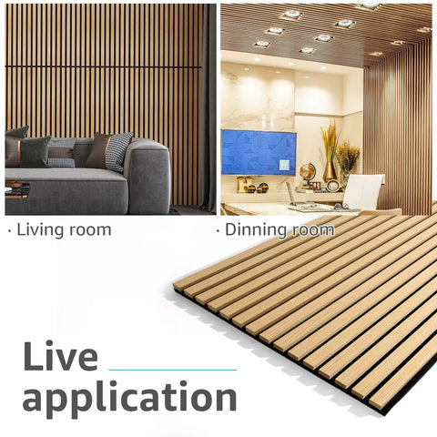 2 Pack Premium Fluted Acoustic Wood Slat Wall Panel For Home Office Noise Cancellation Decor 47.2 By 23.6 Inches Solid Oak in modern living space.