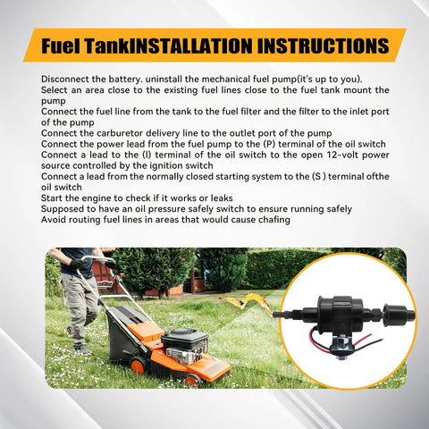 Heavy Duty 12V Inline Electric Fuel Pump Delivering Smooth 2.5 To 4.5 Psi Output with installation instructions and pump setup guide.