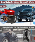 Comparison of dual cylinder tire inflator air compressor with digital display and auto shut off 12V DC portable air pump.