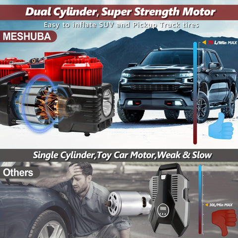Comparison of dual cylinder tire inflator air compressor with digital display and auto shut off 12V DC portable air pump.
