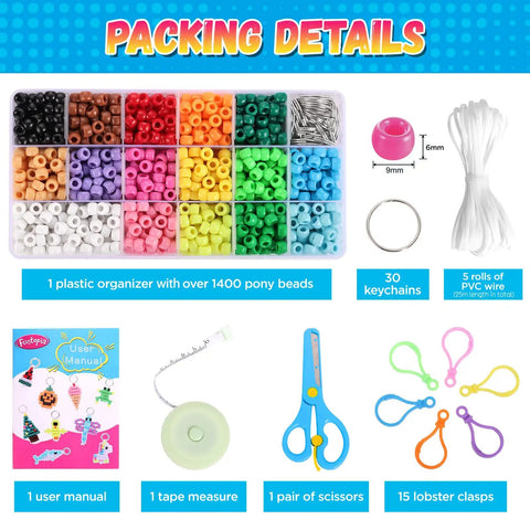 Beads For Crafts 1500 Beads Bead Kit With 30 Design Patterns packing details, includes beads, keychains, PVC wire, and tools.