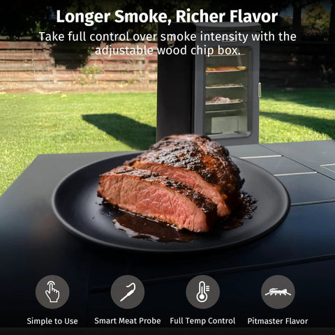 Sliced meat on plate next to 30 Inch Electric Smoker For Outdoors With Built In Meat Probe And Clear Viewing Window Side Chip Loader