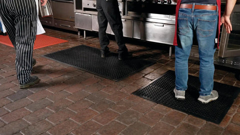 Anti-Fatigue 3 Ft by 10 Ft Rubber Floor Mat For Commercial Kitchens With Drainage Holes Beveled Edges Grippy Non-Slip Surface Black