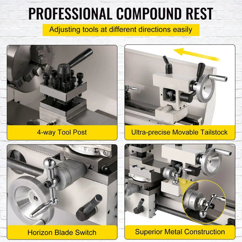 Awesome 8X14 Mini Metal Lathe Machine With High Precision Spindle For Turning Threading And Drilling. Showing 4-way tool post and movable tailstock.