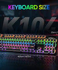 Slick Wired Retro Typewriter Mechanical Gaming Keyboard With 104 Keys Punchy Blue Switches And Bangin Rgb Backlighting For Pc And Mac Featuring Rad Round Keycaps For Pure Vibe with dimensions labeled