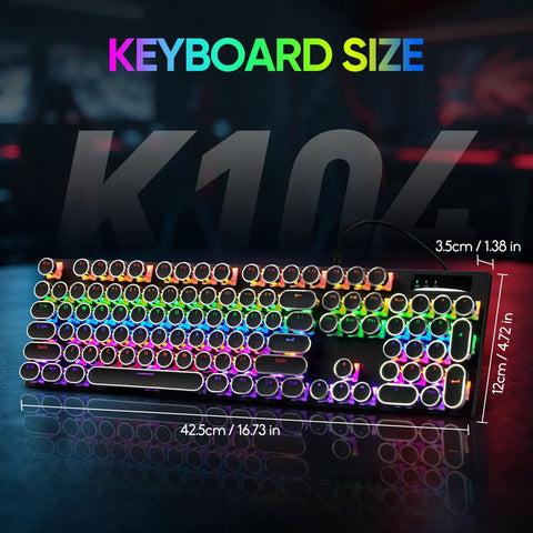 Slick Wired Retro Typewriter Mechanical Gaming Keyboard With 104 Keys Punchy Blue Switches And Bangin Rgb Backlighting For Pc And Mac Featuring Rad Round Keycaps For Pure Vibe with dimensions labeled