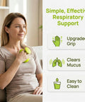 Woman using green silicone Chest Percussion Cup for Adults Silicone Mucus Clearing Device For Home Use Suction Support Lung Percussion
