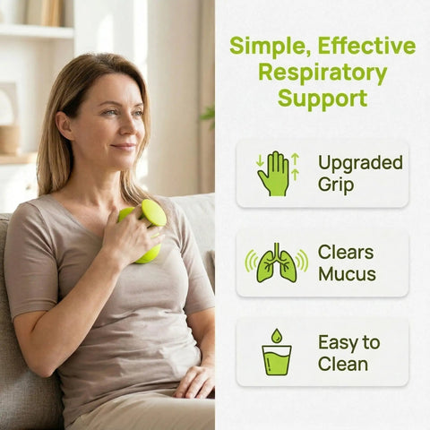 Woman using green silicone Chest Percussion Cup for Adults Silicone Mucus Clearing Device For Home Use Suction Support Lung Percussion