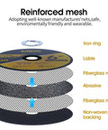 Diagram of 6-inch reinforced mesh cut off wheel showing layers: iron ring, label, fiberglass mesh, abrasive, non-woven backing.