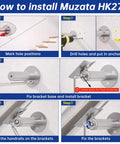 Installation guide for Heavy Duty Stainless Steel Pipe Handrail Five Foot Long Two Inch Outside Diameter, featuring mounting steps.