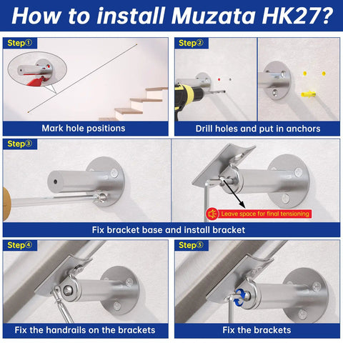 Installation guide for Heavy Duty Stainless Steel Pipe Handrail Five Foot Long Two Inch Outside Diameter, featuring mounting steps.