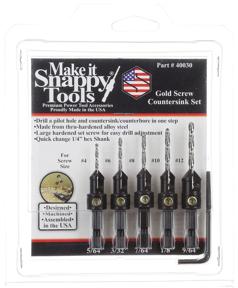 Gold Screw Countersink Drill Bit Set, 5 Piece Including 5/64 Inch, 3/32 Inch, 7/64 Inch, 1/8 Inch, and 9/64 Inch Sizes package