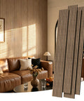 Level Up Your Studio Vibe With These 4 Pack 3D Wood Slat Wall Panels In Natural Walnut for acoustic wall decor in a stylish living room setting.
