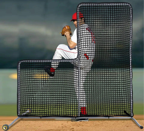 7x7 Foot Baseball Softball L Screen For Pitcher Safety With Wheels Portable Pitcher Guard With Steel Frame in use
