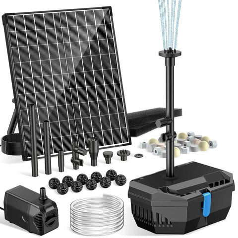 No Fuss 20W Solar Pond Filter Kit With Fountain Pump, 160 GPH Solar Submersible Pump, Outdoor Filter Box, Parts, and Tubing