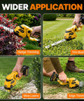 Powerful Cordless Two In One Hedge Trimmer And Grass Shears With Dual Batteries Eight Point Nine Inch Blade Five Point One Inch Grass Cutter Adjustable Angle Lightweight For Quick Garden And Lawn Care in use for trimming hedges, bushes, mowing lawns, and edging