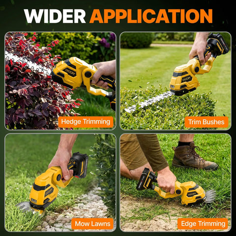 Powerful Cordless Two In One Hedge Trimmer And Grass Shears With Dual Batteries Eight Point Nine Inch Blade Five Point One Inch Grass Cutter Adjustable Angle Lightweight For Quick Garden And Lawn Care in use for trimming hedges, bushes, mowing lawns, and edging