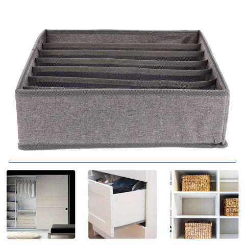 Slick Seven Compartment Folding Fabric Drawer Organizer For Underwear Socks And Hair Accessories To Quick Clean Up Your Bedroom Closet Space Without Any Sweat Or Hassle Today, gray with seven sections.
