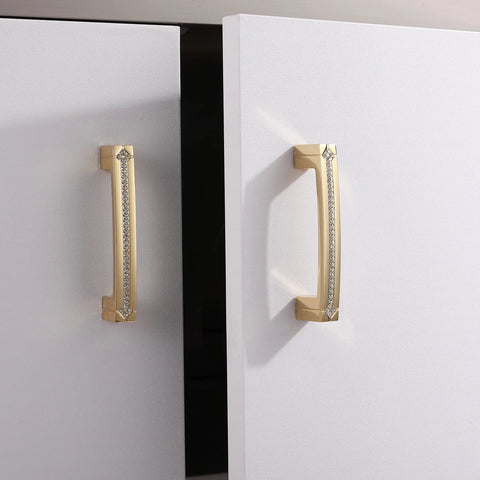 Gold Crystal Cabinet Pulls Set 10 Pack With Czech Crystal And Zinc Alloy Construction, mounted on white cabinets