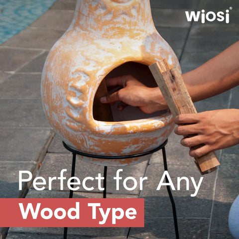 Medium Outdoor Chiminea Fireplace For Patio With Clay Chimineas Rain Lids And Solid Metal Stands Yellow Terracotta Chiminea Rustic Wooden Fire Pit 16 By 16 By 32 Inch Cozy Backyard Vibe by a poolside