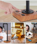 Close-up of Industrial Desk Lamp With Bulb Included, 3-Way Dimmable, dual USB ports and AC outlet on wood base.