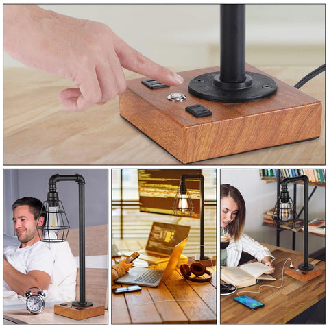 Close-up of Industrial Desk Lamp With Bulb Included, 3-Way Dimmable, dual USB ports and AC outlet on wood base.
