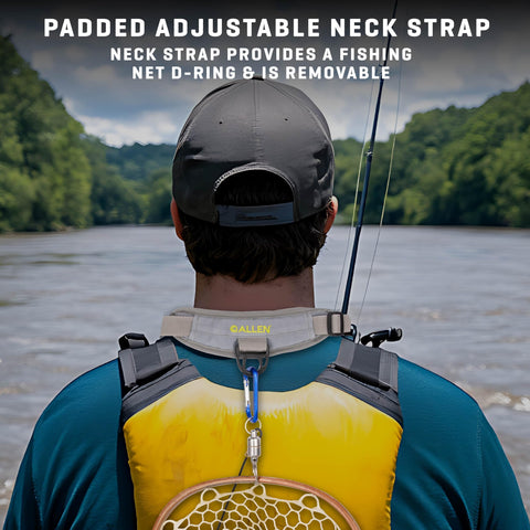 Back view of person wearing Fall River Fishing Chest Pack With Front Workstation, showing padded adjustable neck strap, outdoors.