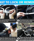 Heavy Duty Steering Wheel Lock Security Bar with Retractable Design installation steps on a car wheel.