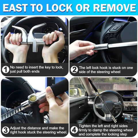 Heavy Duty Steering Wheel Lock Security Bar with Retractable Design installation steps on a car wheel.