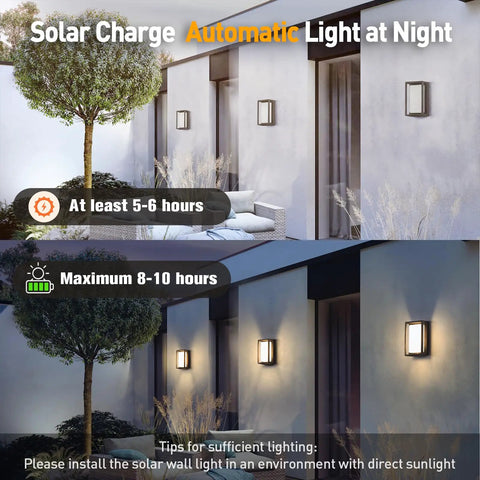 Exterior view with Solar Powered Outdoor Wall Light 9.8 Inch LED Sconce illuminating patio and entryway, day and night performance.