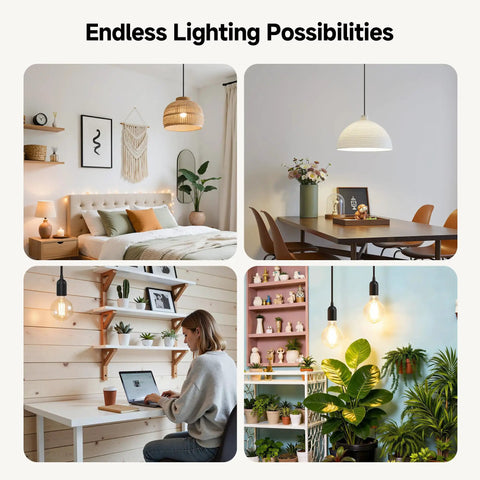 4 room setups featuring 2 Pack Plug In Hanging Light Cord With Switch 15 Foot Pendant Light Cord With Lamp Socket Black