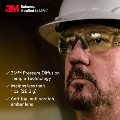 Person wearing SecureFit Safety Glasses With Scotchgard Anti Fog And Anti Scratch Coating, close-up of amber lens and helmet