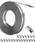 32Ft 304 Stainless Steel Hose Clamps DIY Kit With 25 Heavy Duty Fasteners And Adjustable Worm Gear Clamps gleaming coiled band.