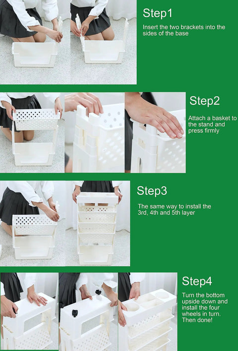 Assembly steps of White Rolling Office Paper Organizer With Mobile Book Cart, showing insertion of brackets, baskets, and wheels.